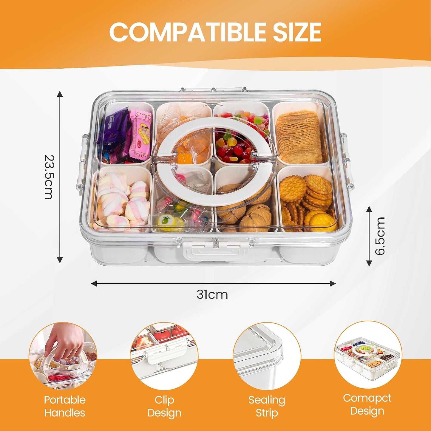 Bandeja servir con tapa 8 compartimentos frutas y aperitivos