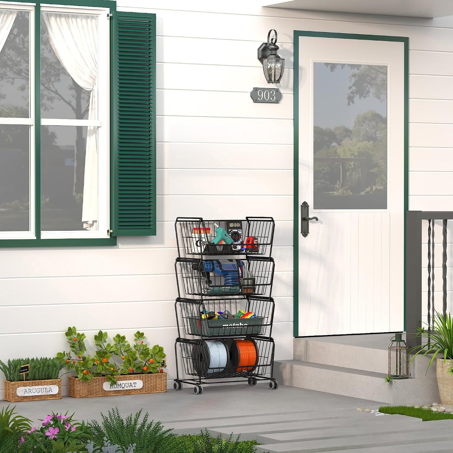 Cestas metal apilables con ruedas para cocina y hogar negro