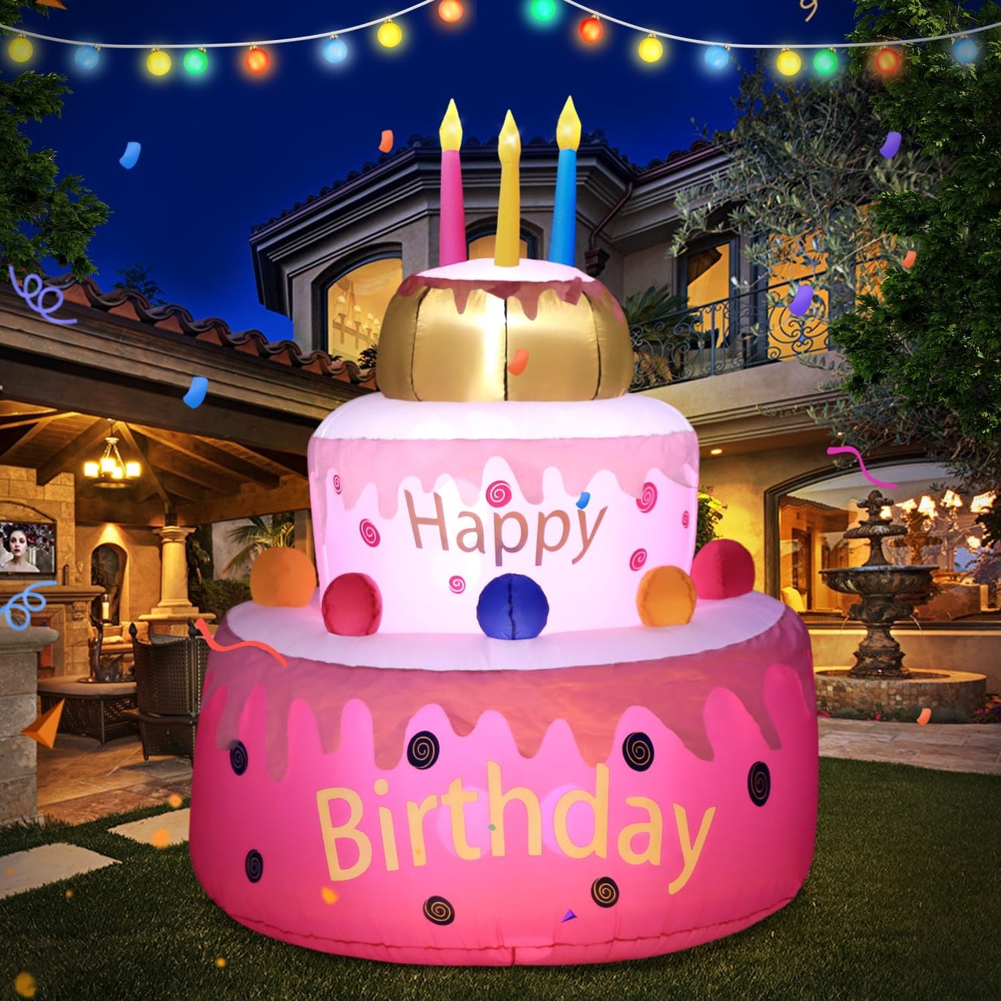 Decoración inflable pastel cumpleaños 5.5ft con luces LED
