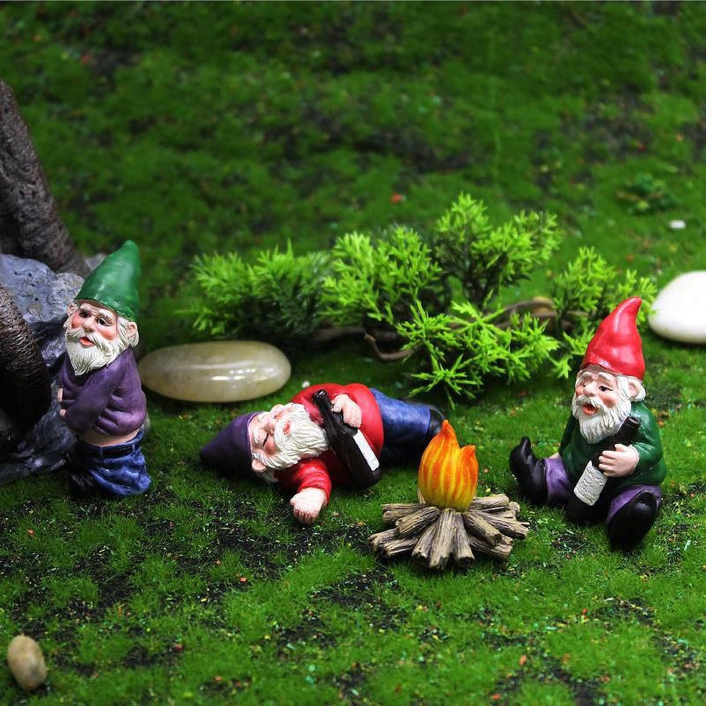 Juego 4 gnomos jardín miniatura 3D para césped patio