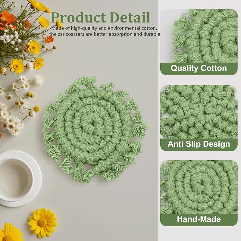 2 Pzas Portavasos Algodón Macramé para Coche Verde Oscuro