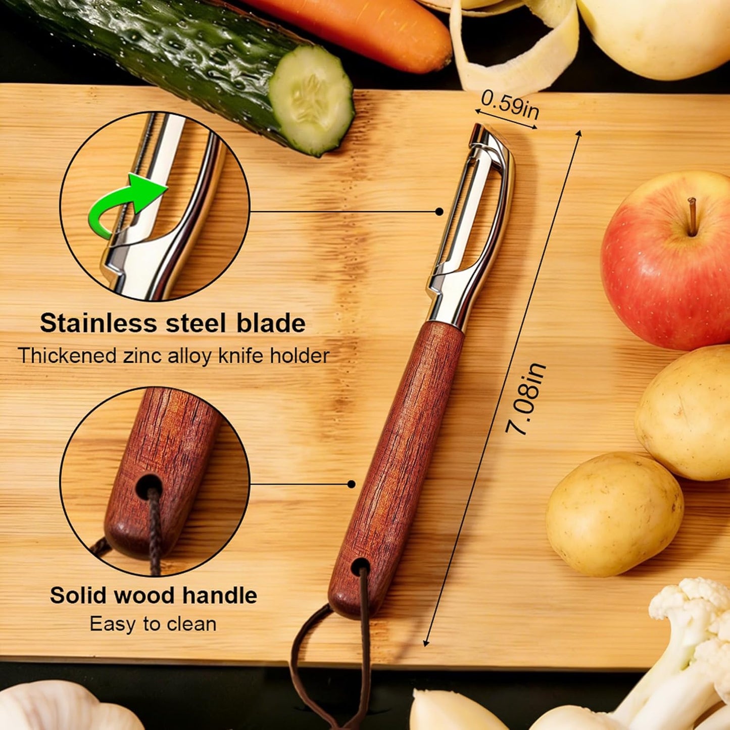 Pelador patatas acero inox mango madera hoja afilada