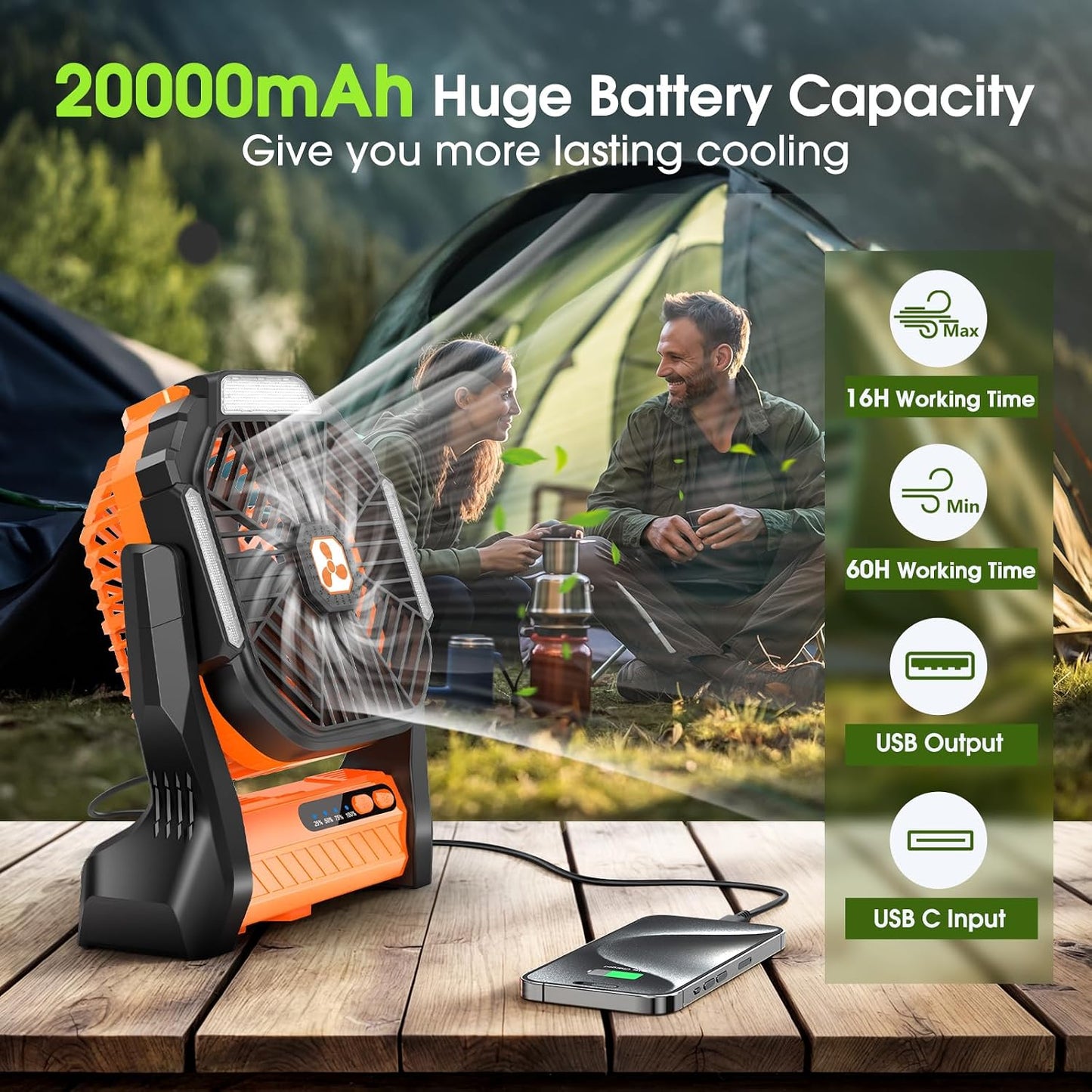 Ventilador recargable 20000mAh USB C con linterna LED