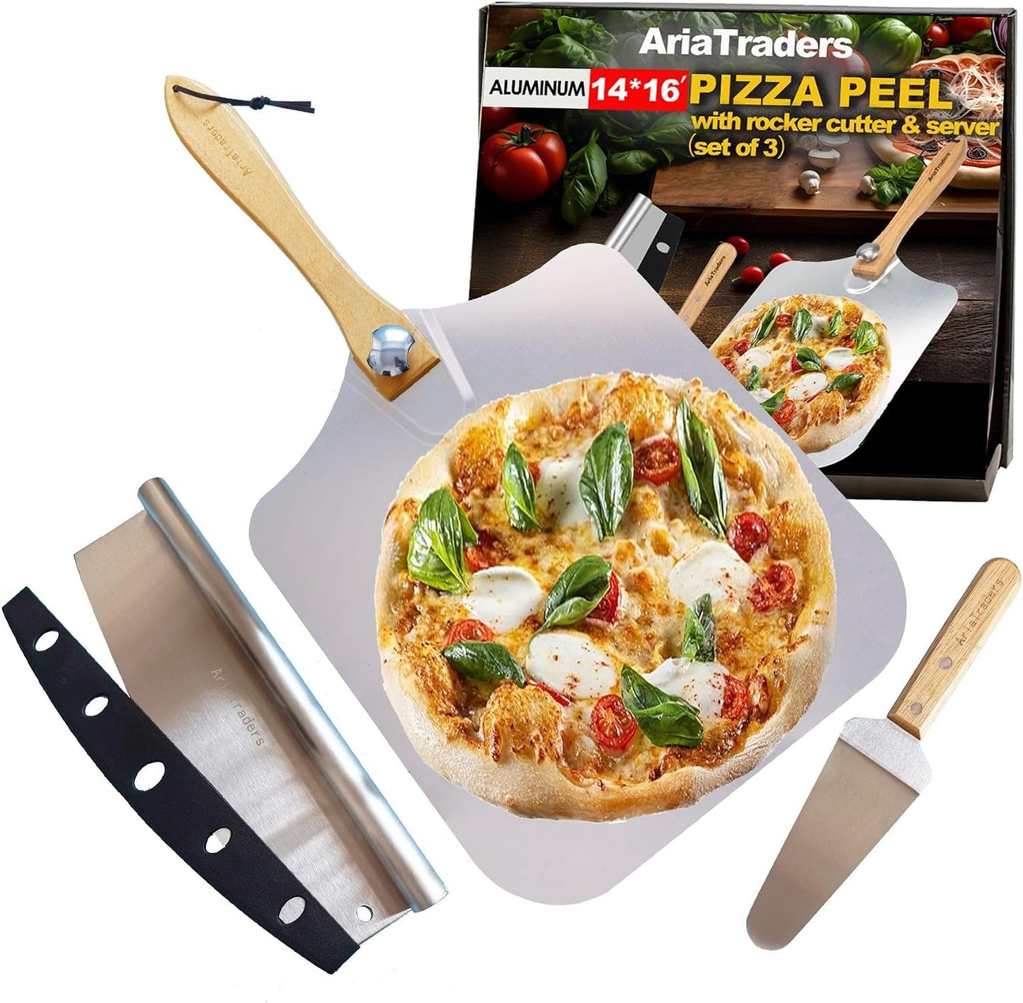 Pala pizza aluminio 16pulg con cortador y servidor 10pulg