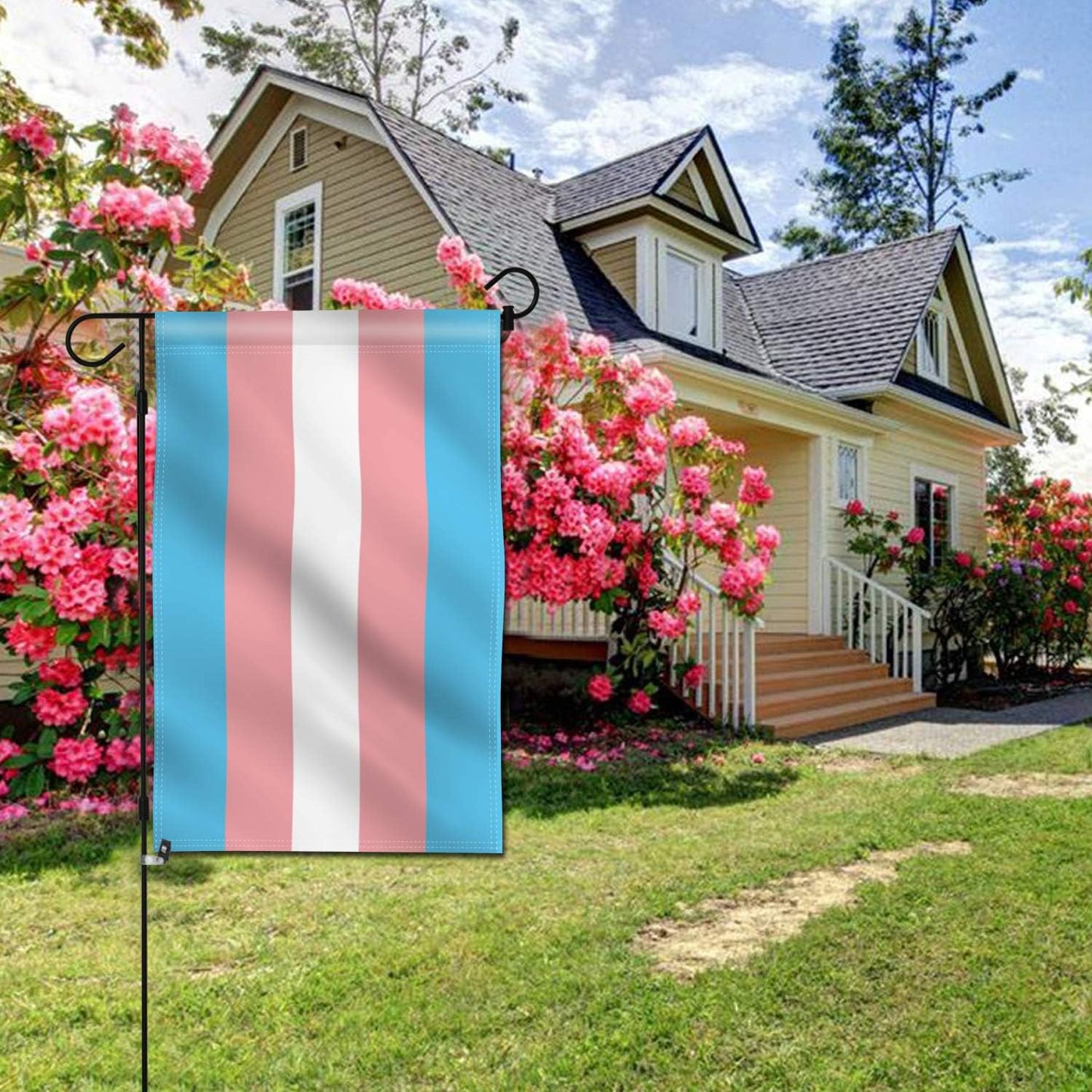 Bandera jardín doble cara arcoíris transgénero resistente 18x