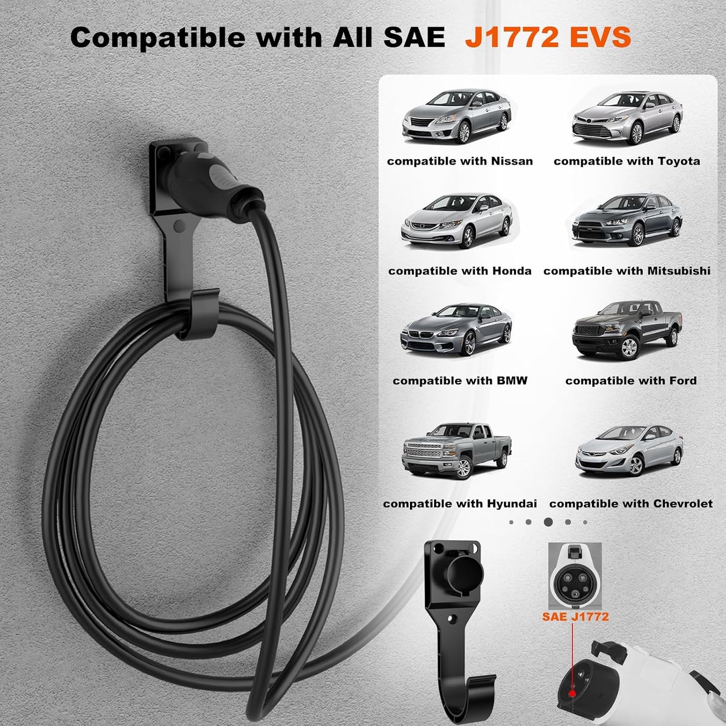 Soporte cargador EV SAE J1772 con gancho y 3 anclajes