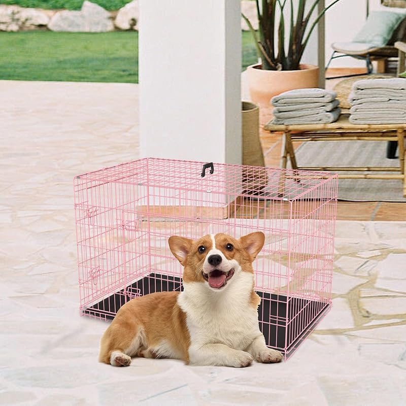 Jaula perros 30pulg doble puerta plegable metal rosa