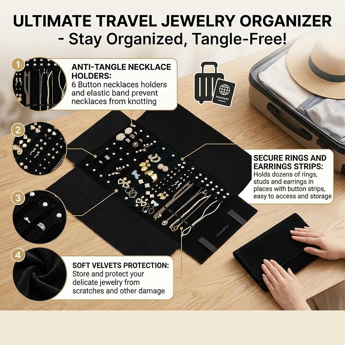 Estuche terciopelo joyas con compartimentos para viajar