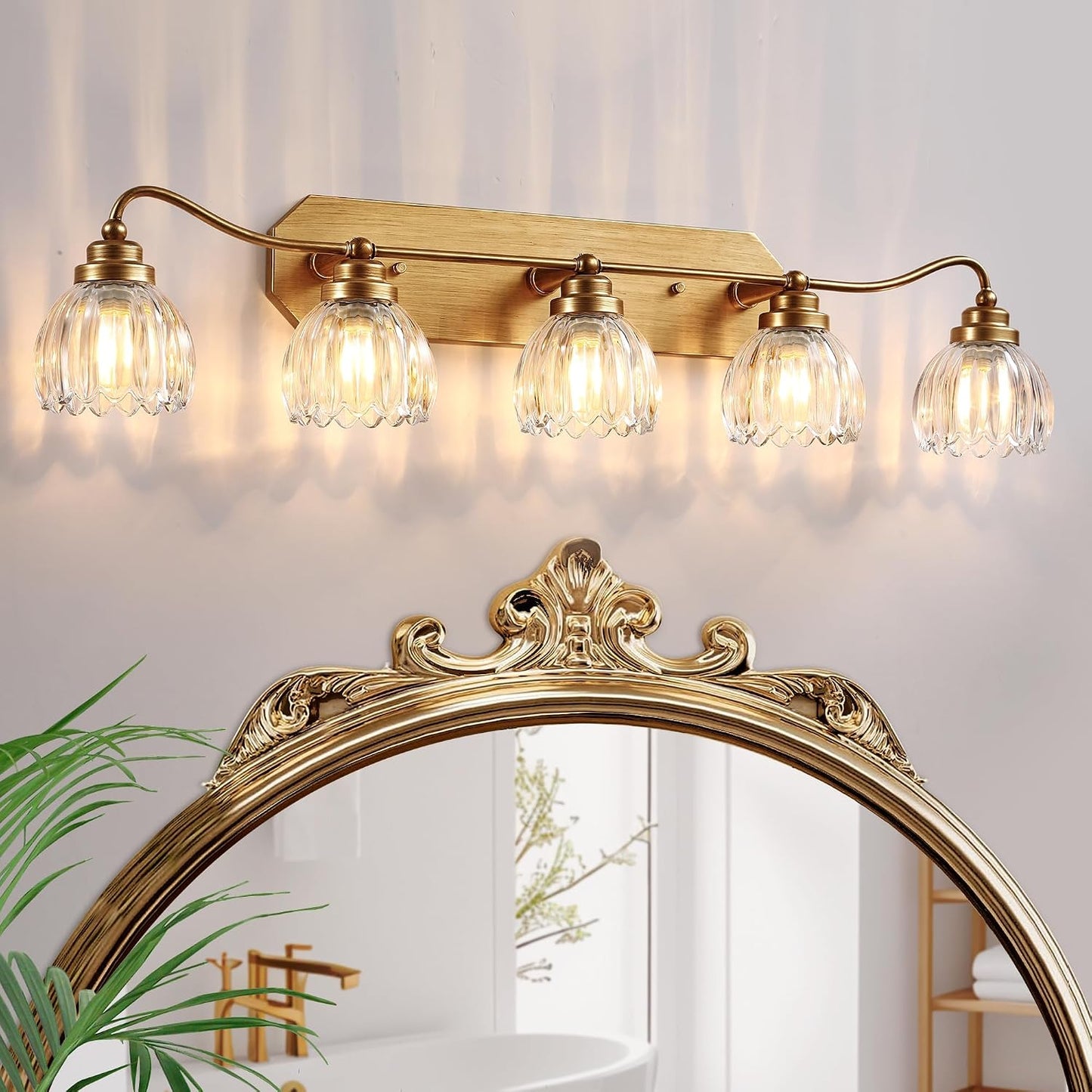 Lámpara de baño vintage 5 luces dorada acabado latón antiguo