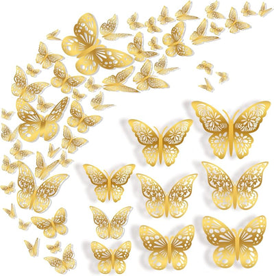 36 Pzas Decoración Pared Mariposa 3D Dorada 3 Tamaños