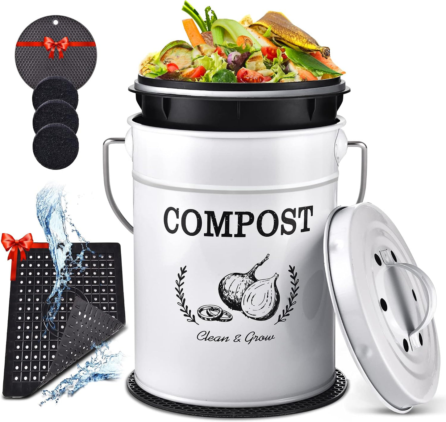 Contenedor compost sin olores con tapa y bolsas blanco