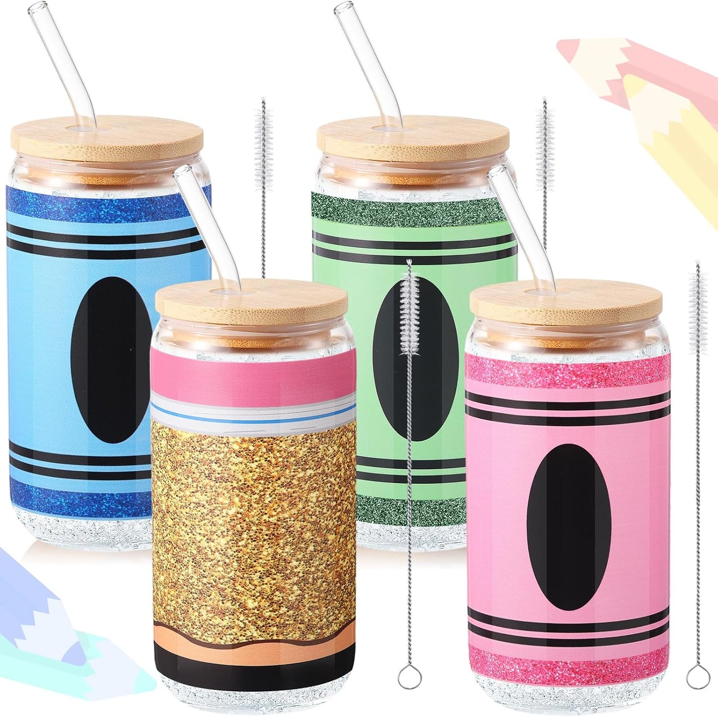 Set 4 vasos vidrio 16oz con tapas y pajitas para regalos