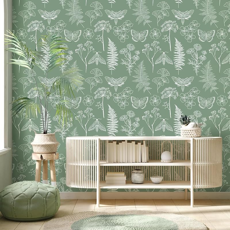 Papel tapiz botánico helecho verde 17.7x354" dormitorio baño