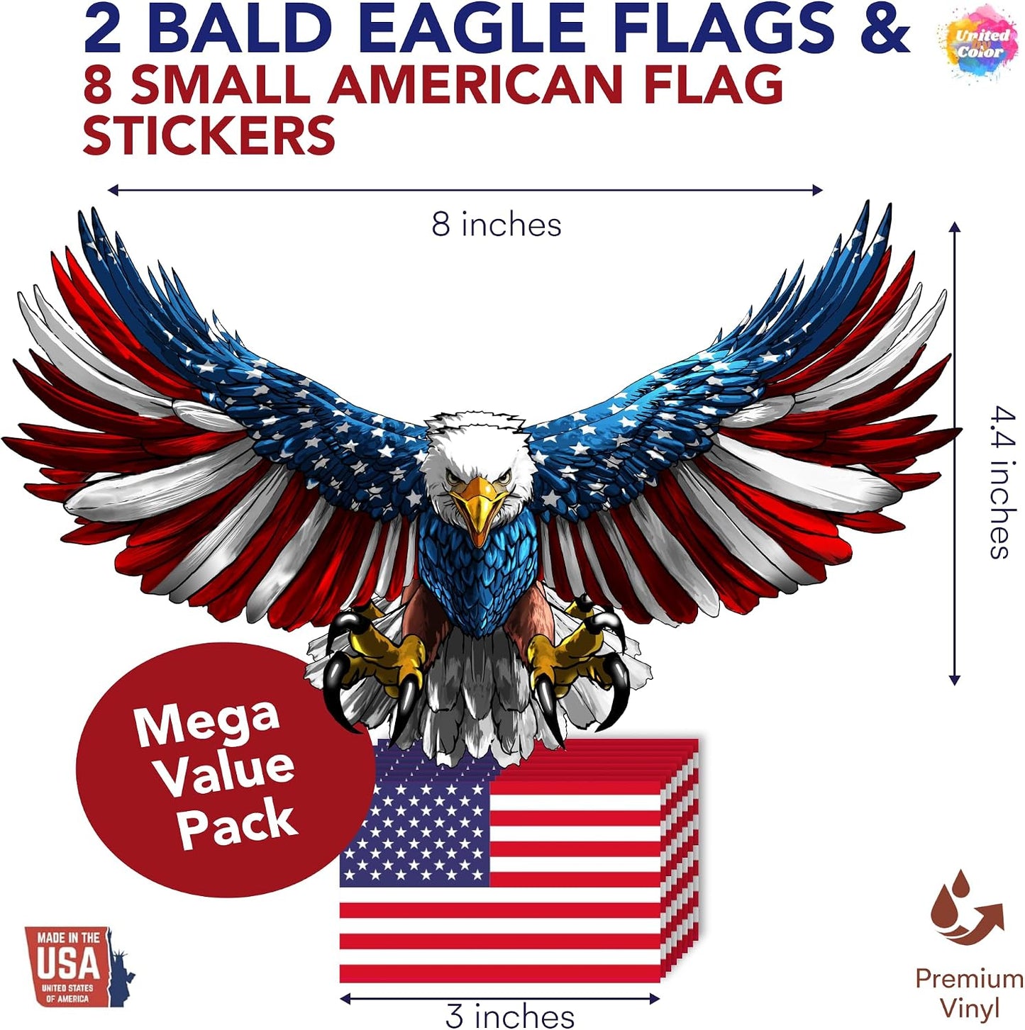 Adhesivo bandera USA 8x4pulg impermeable con águila pack 2