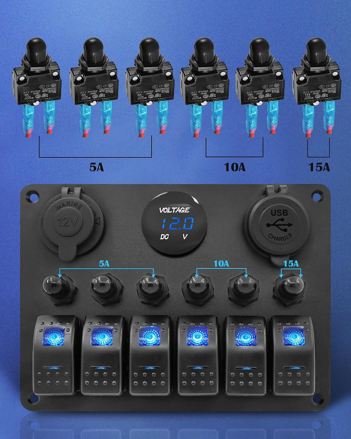 Panel interruptores marinos aluminio 6 pos USB PD QC3.0