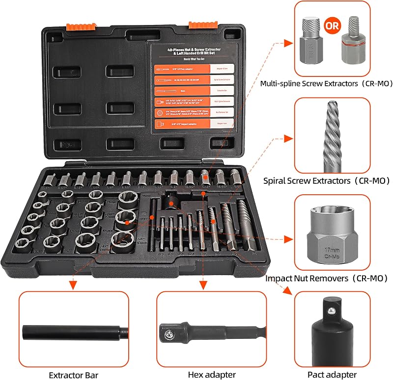 Set 40 Pzas Extractores 3/8" 2en1 para Tuercas Peladas
