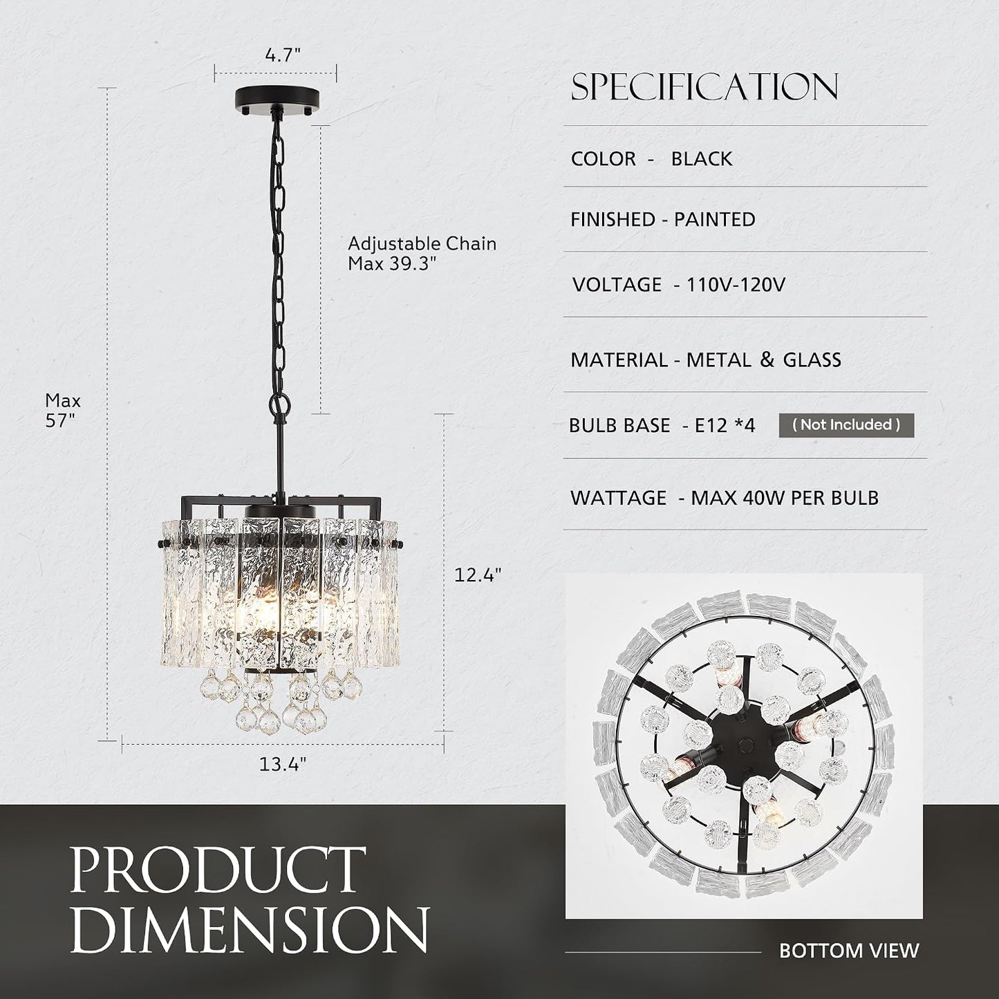 Candelabro cristal moderno 13.4pulg 4 luces negras para