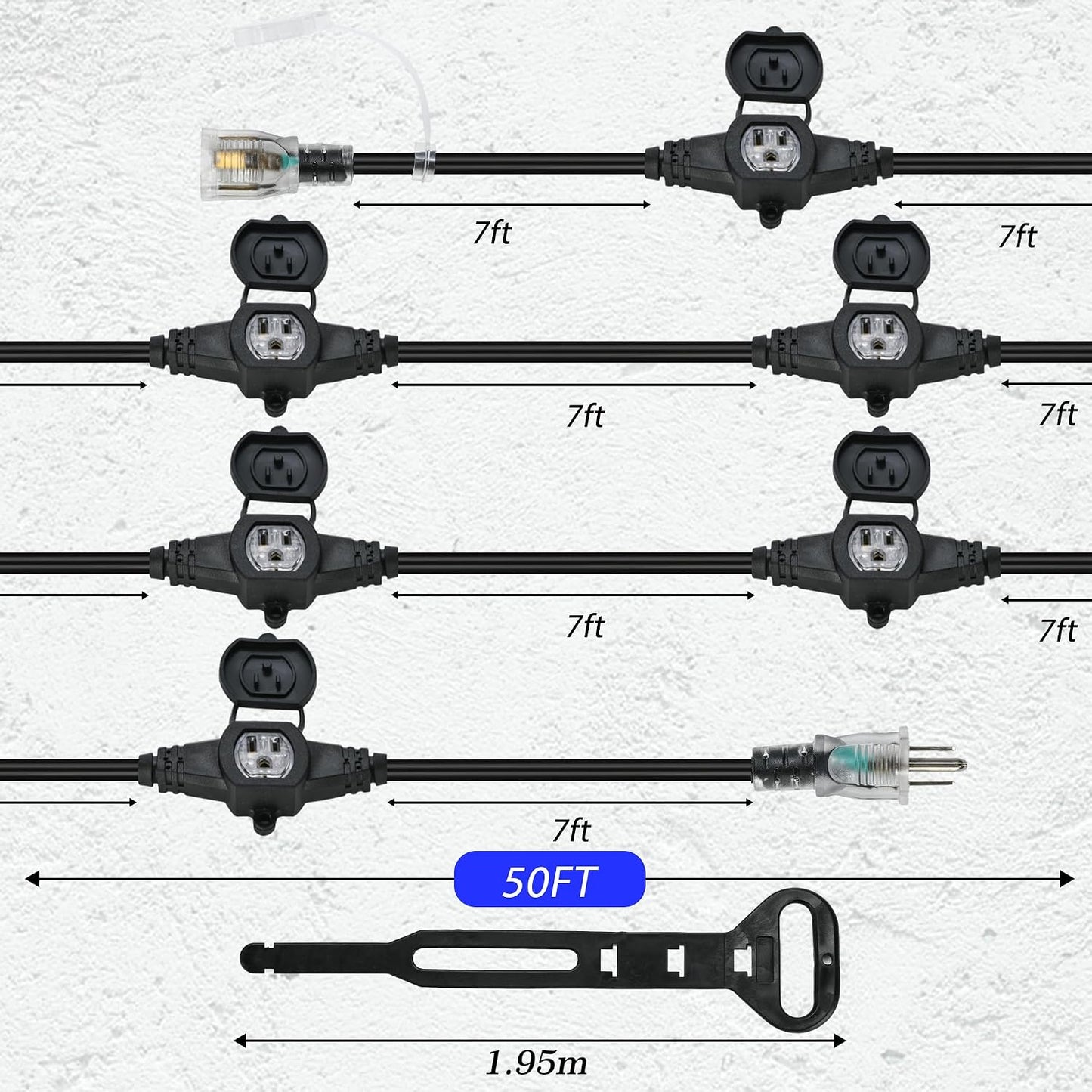 Cable extensión exterior 50ft 7 salidas LED jardín