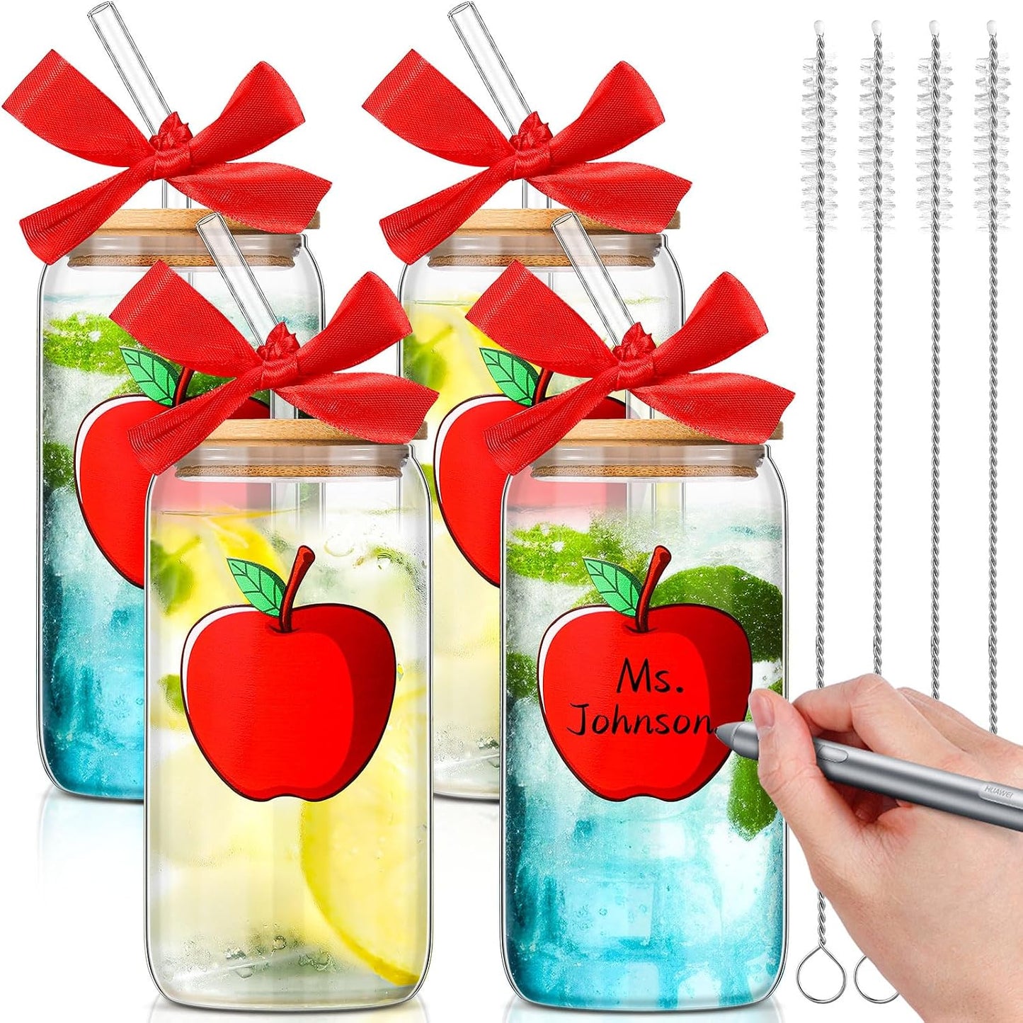 Set 4 vasos vidrio con tapa y pajita 16oz patrón manzana rojo