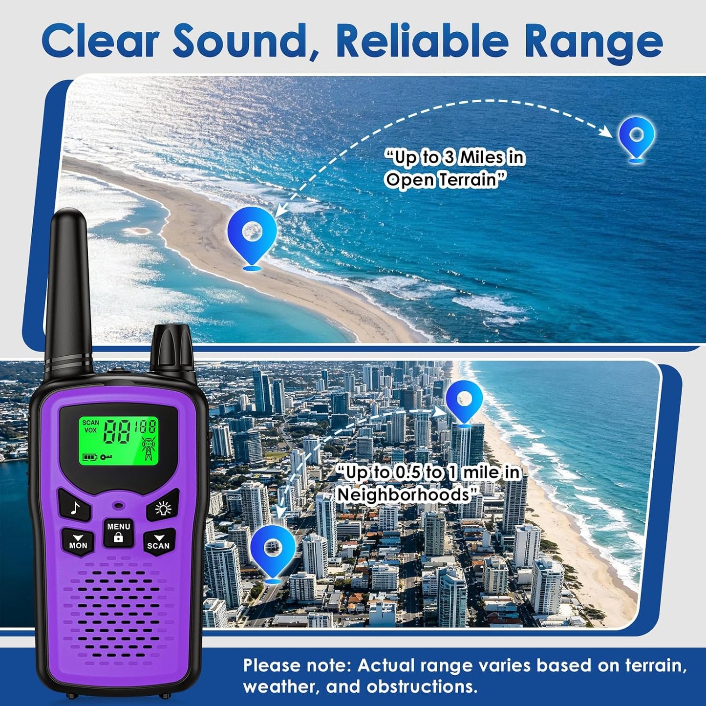 2 Walkie Talkies FRS 22 Canales con Linterna LED Morado