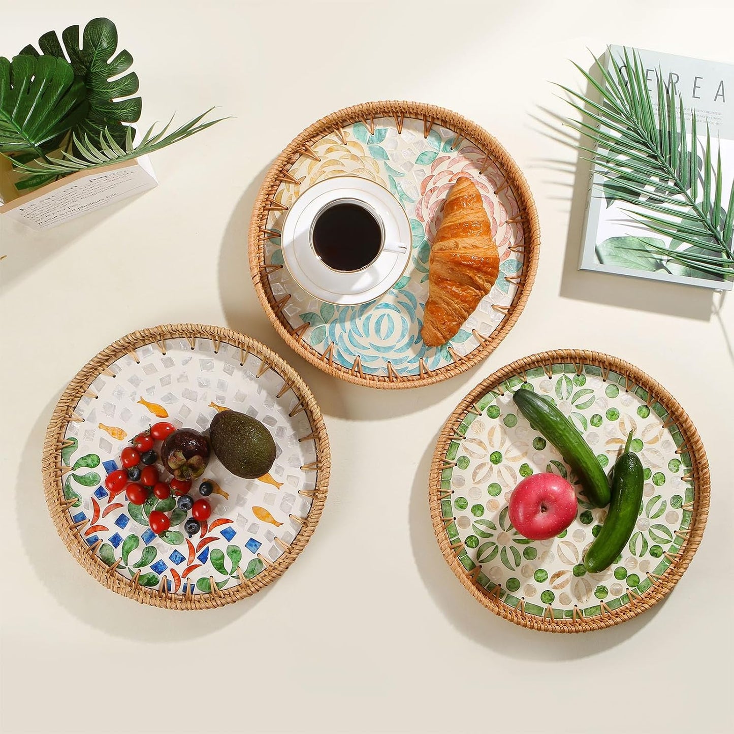 Bandeja ratán madreperla decorativa para pan café