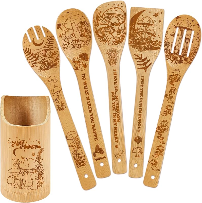 Cucharas bambú decoración hongos soporte utensilios cocina