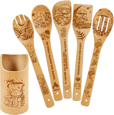 Cucharas bambú decoración hongos soporte utensilios cocina