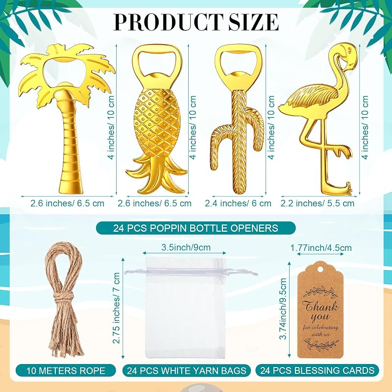 Set 24 abrebotellas dorado tema hawaiano con bolsa organza