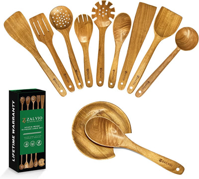 Set 10 Pzas Utensilios Madera Acacia Soporte Cucharas