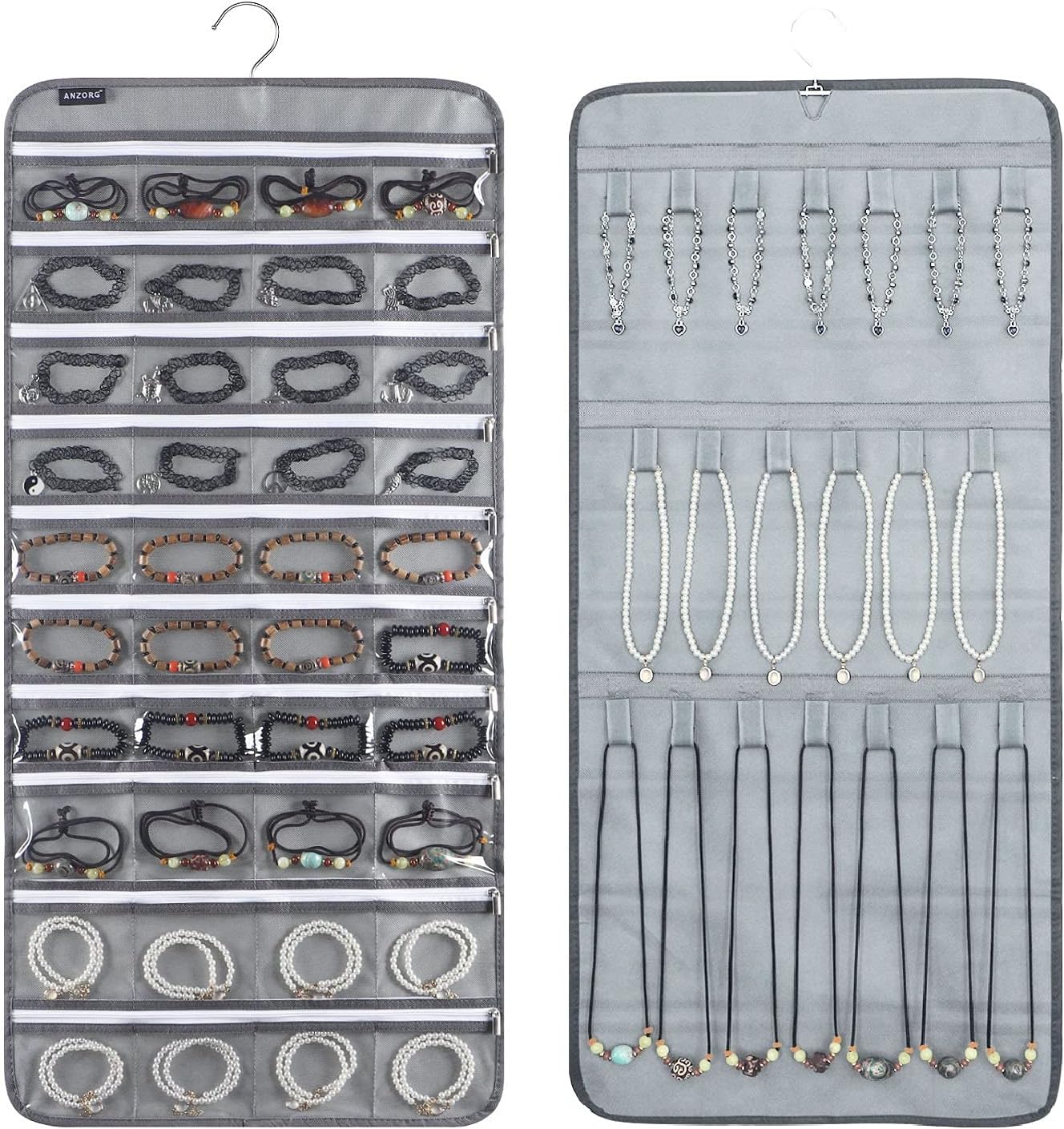 Organiz. joyas colgante 40 bolsillos 20 bucles gris