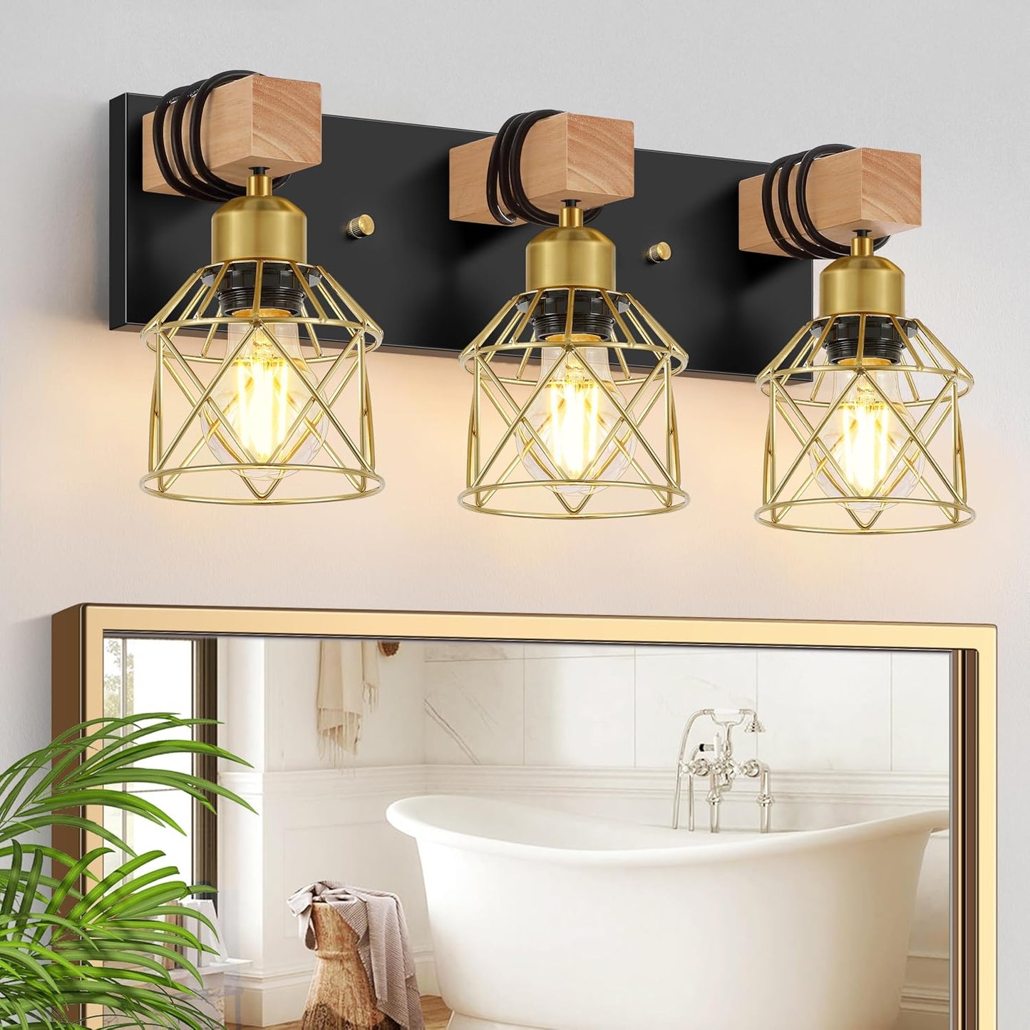 Luz de tocador 3 luces negra y dorada para baño y sala