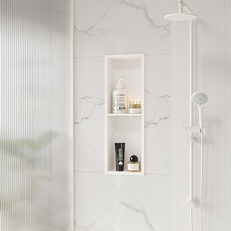 Nicho ducha acero inox 8x24" estantes dobles blanco mate