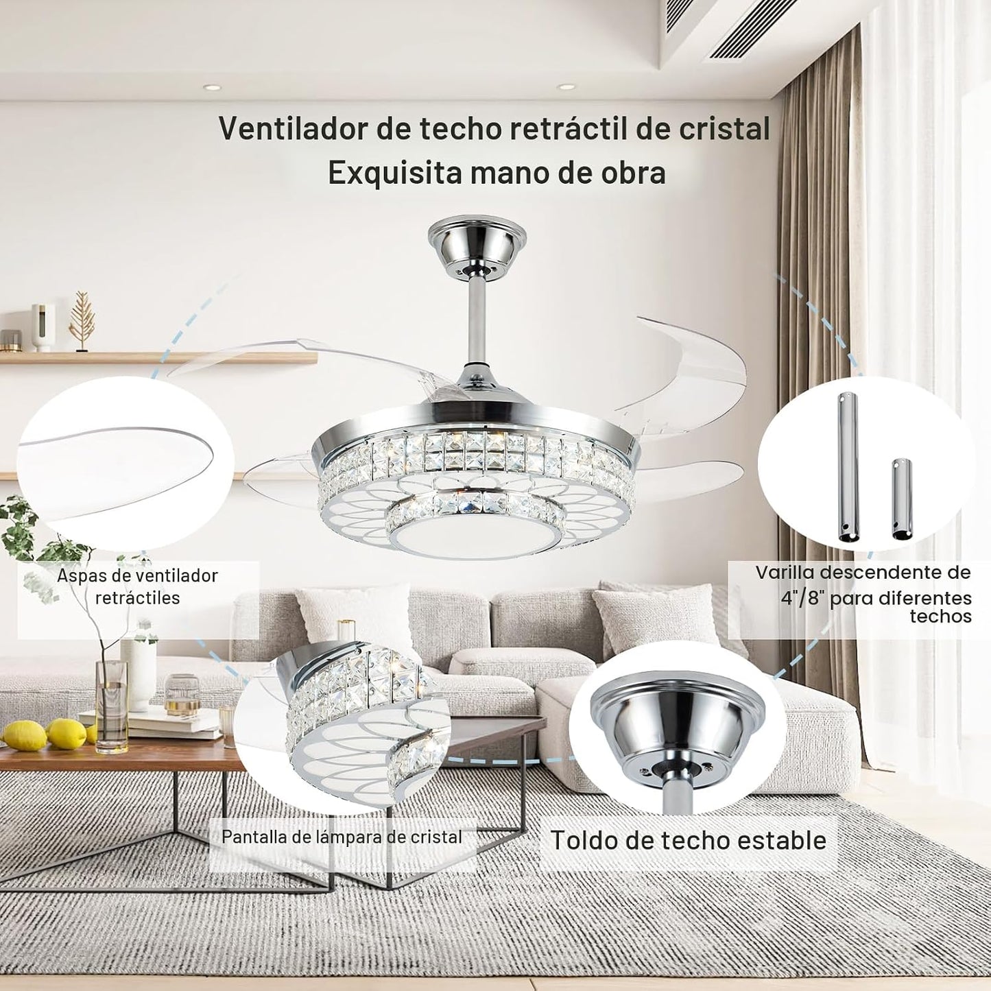 Ventilador techo retráctil 42pulg luces LED control remoto