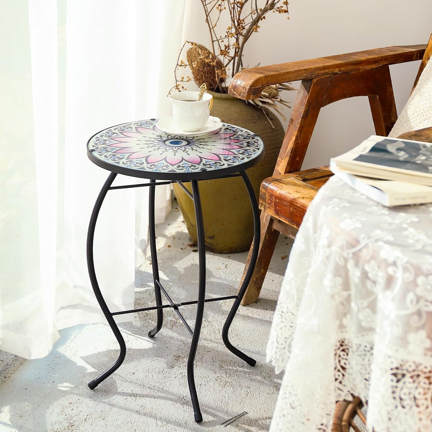 Mesa auxiliar redonda cristal para patio y balcón