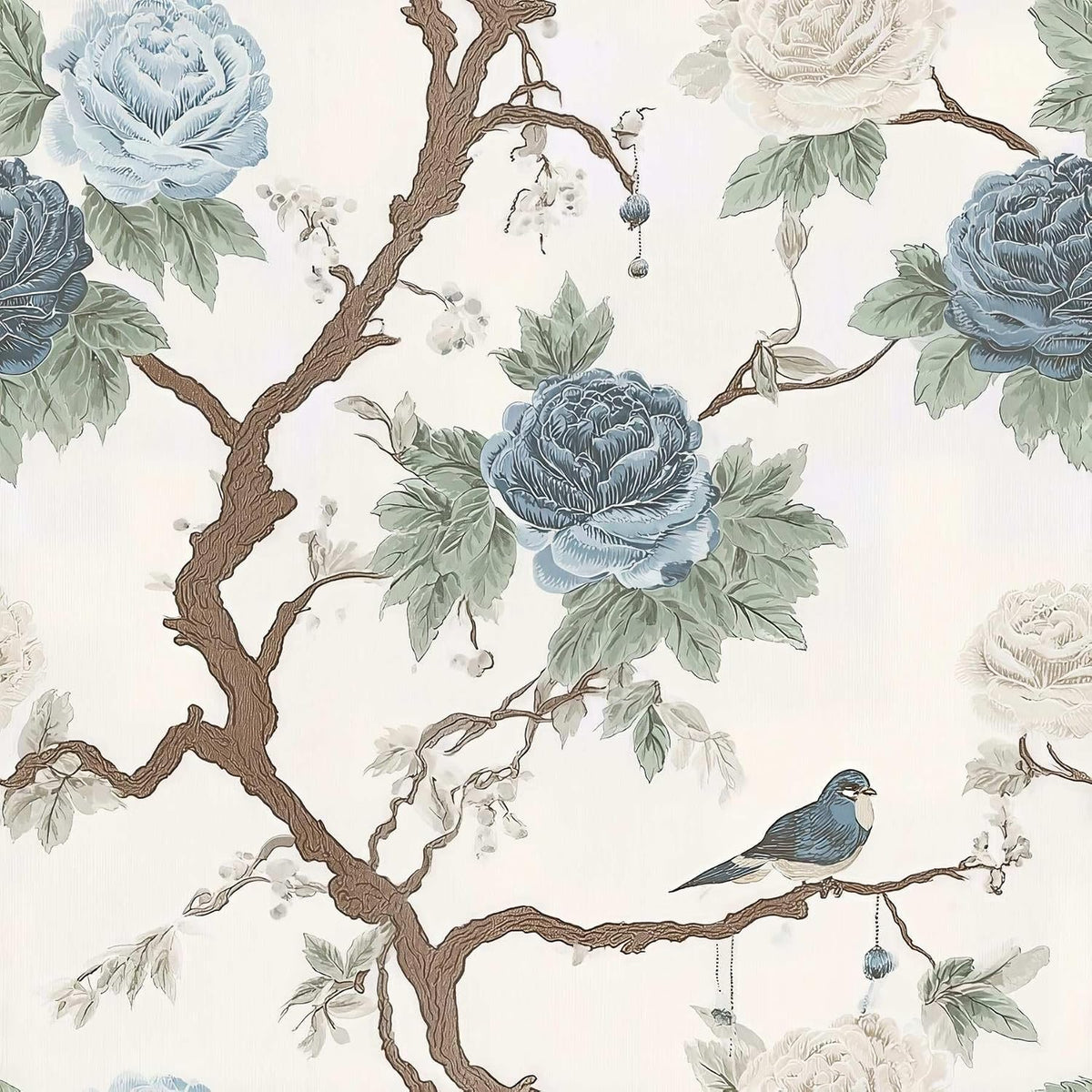 Papel tapiz vintage azul peonía pájaro autoadhesivo 17.7x118pulg