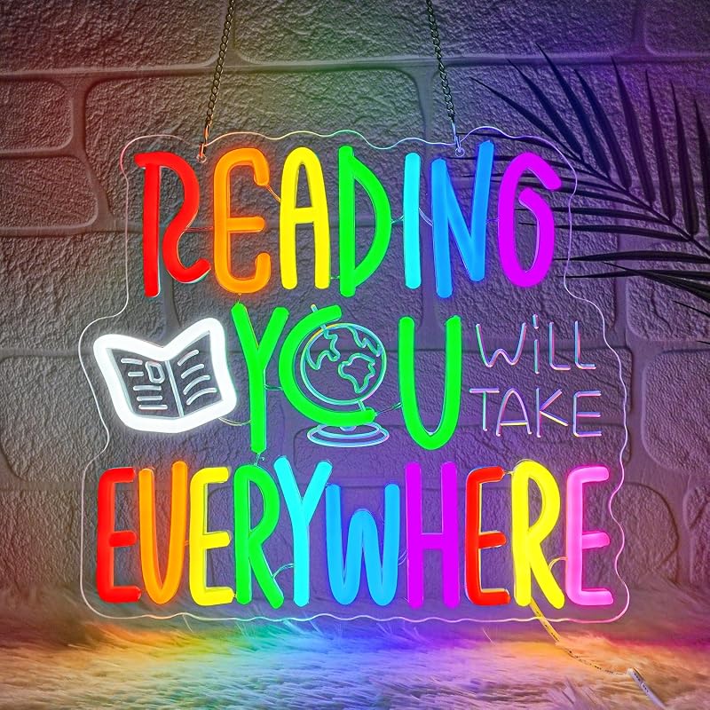 Letrero neón aula lectura inspiradora con texto en inglés
