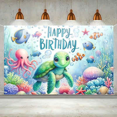 Cartel cumpleaños tortuga marina temática oceánica 71x43pulg