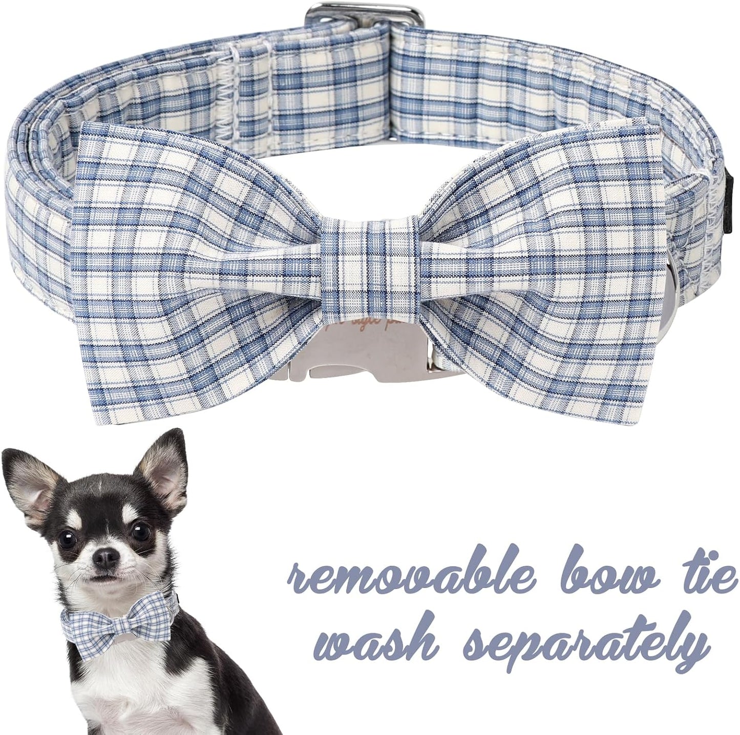 Collar perro algodón lazo rejilla azul blanca