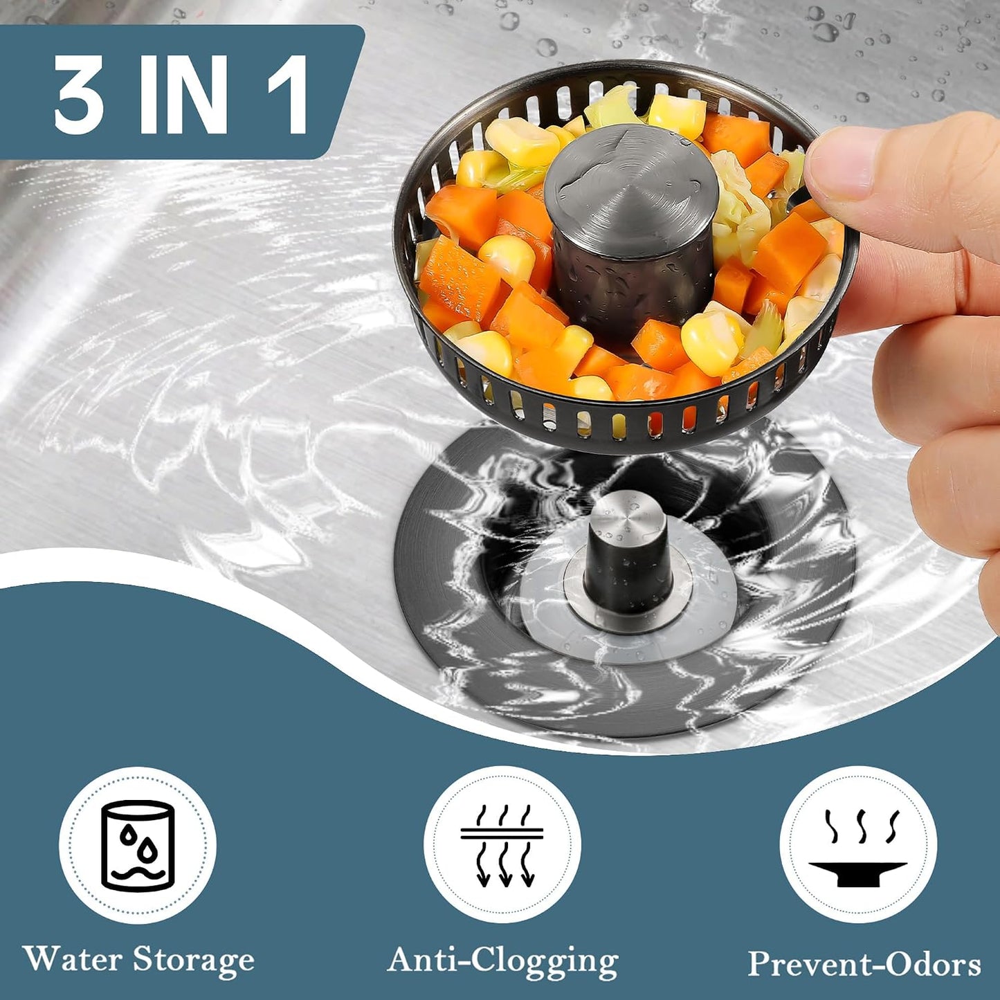 Colador desagüe fregadero 3en1 acero inox 304 antiobstrucción gris