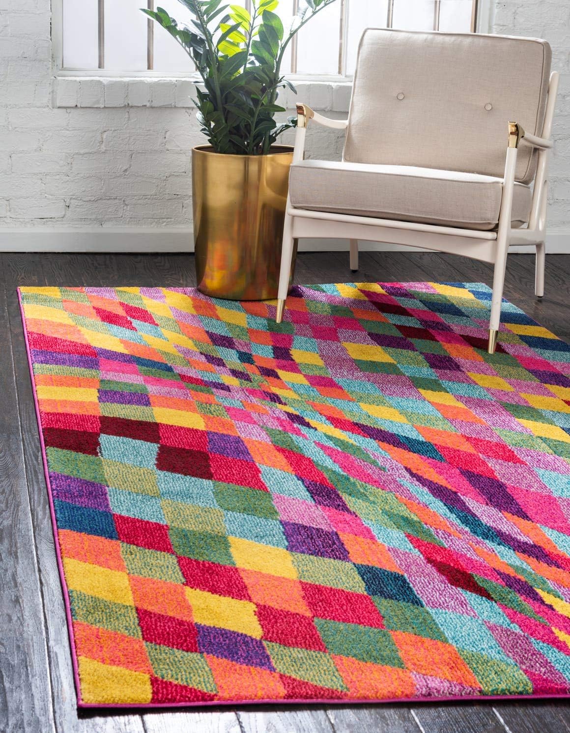 Alfombra geométrica moderna 6x9ft multicolor y rosa