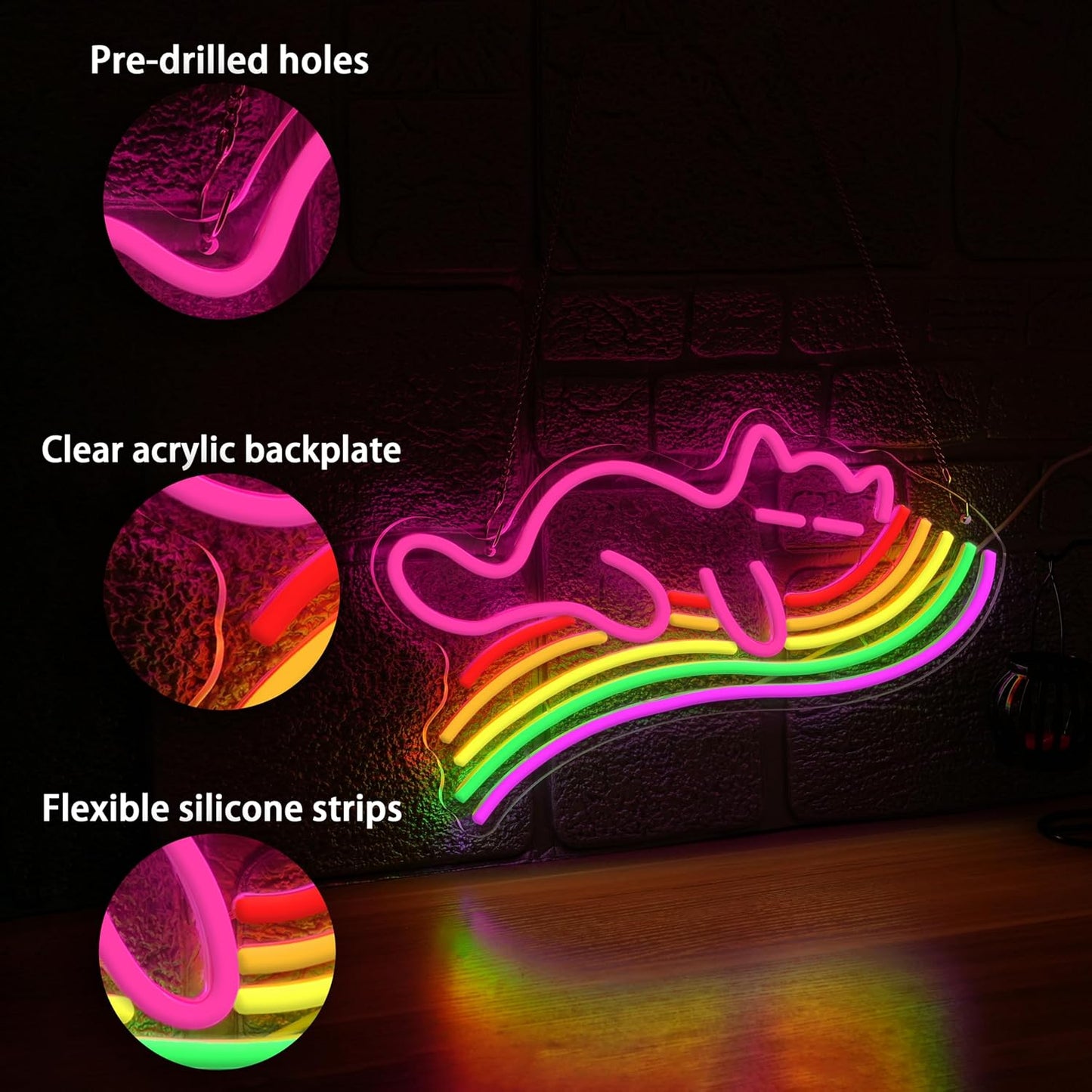 Letrero neón gato arcoíris USB luz LED decoración dormitorio