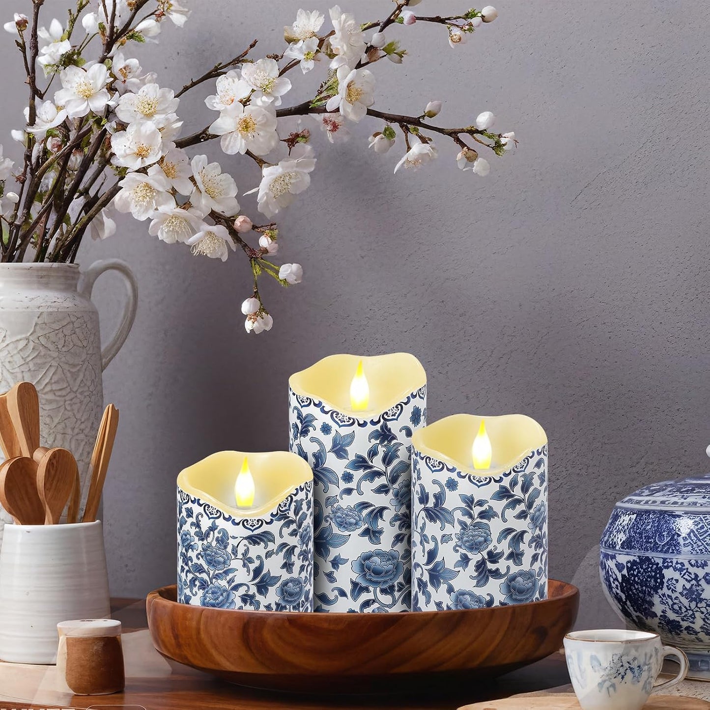 3 Pzas Velas LED Chinoiserie Azul y Blanca con Control Remoto