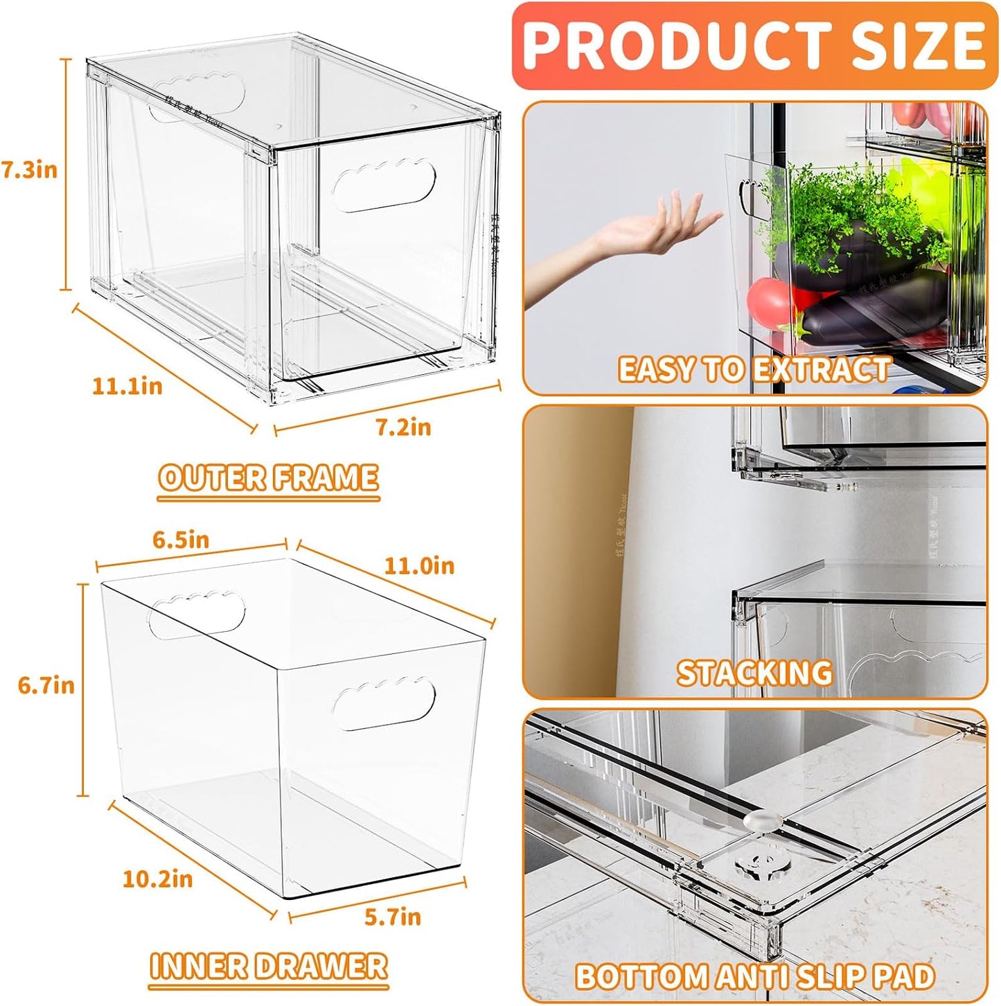 4 Pzas Cajones Almacenamiento Apilables 7.3" Transparentes
