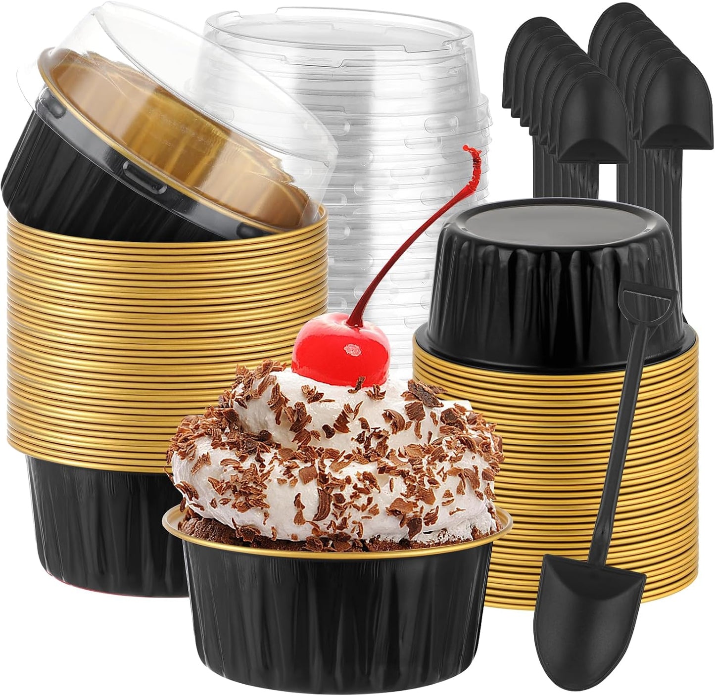 100 Moldes Pasteles con Tapas y Cucharas Negro Dorado