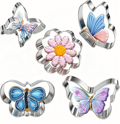 5 Pzas Cortadores Galletas Flores Mariposa Acero Inox