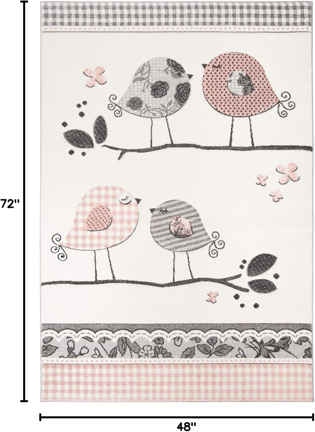 Alfombra niños 4x6ft diseño pájaros rosa y marfil