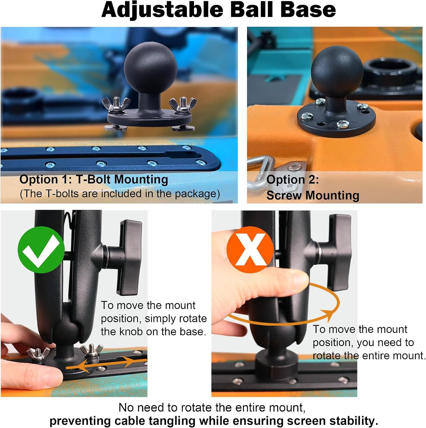 Base bola aluminio 1.5pulg perno T para kayak