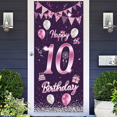 Cartel cumpleaños 10 años globos rosa morada puerta