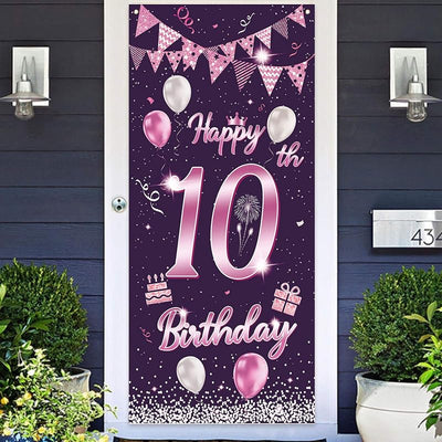 Cartel cumpleaños 10 años globos rosa morada puerta