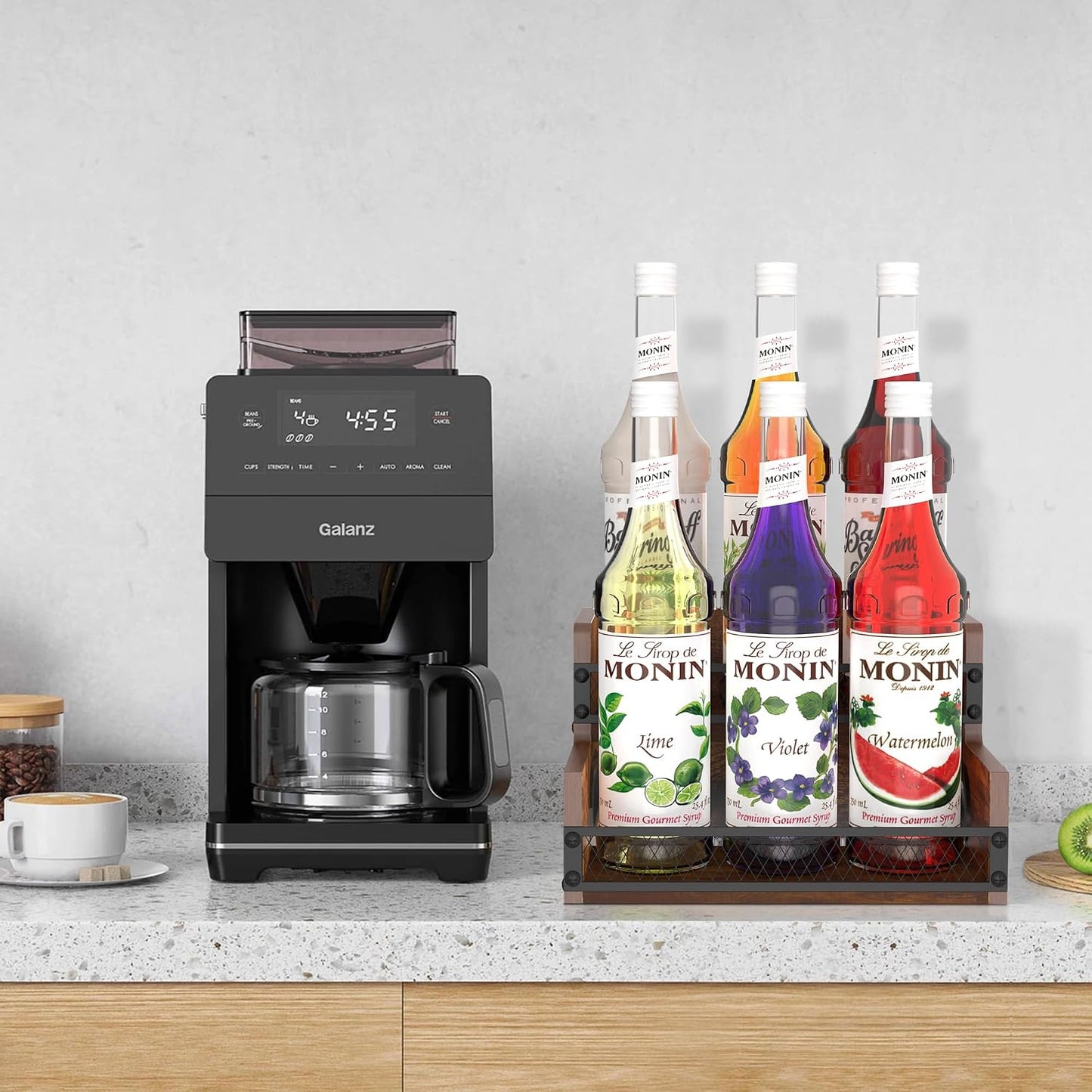 Estante licor 2 escalones organiz. 6 botellas café con asas